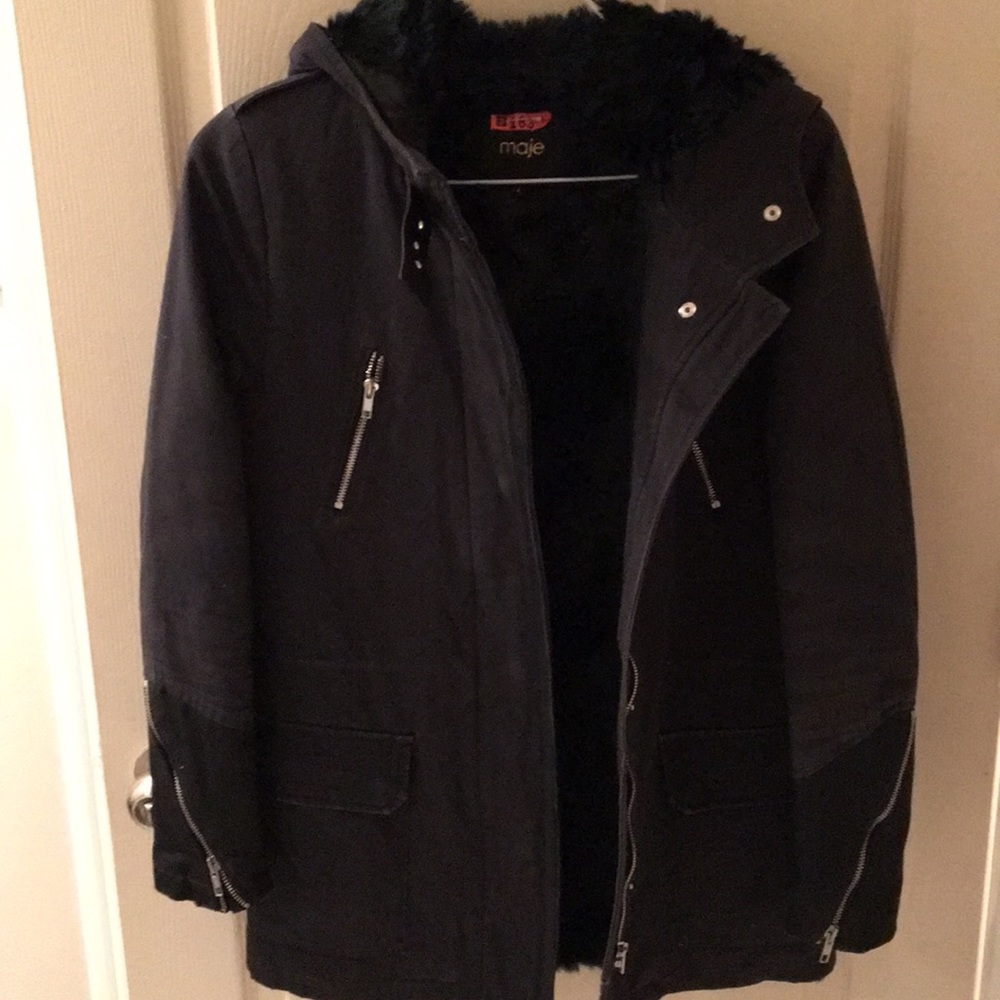 MAJE | Coat  with green fur lining and hood - Picture 7 of 16